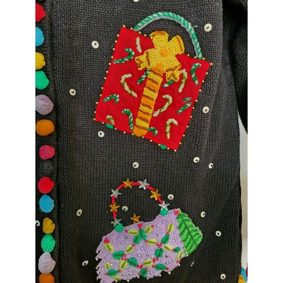 Berek Ugly Christmas Sweater Sz Medium Santa Snowman Presents Purses Pom Pom - Picture 7 of 9